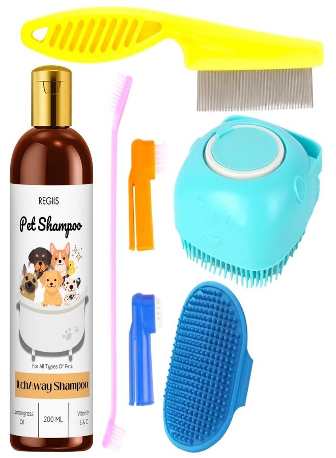 Regiis Pet Grooming Kit with Shampoo, Brushes, Combs, 200ml Lemongrass Oil Vitamin E C Dog Bath Set, Blue, Yellow, Orange(PACK OF 5) - Image 1